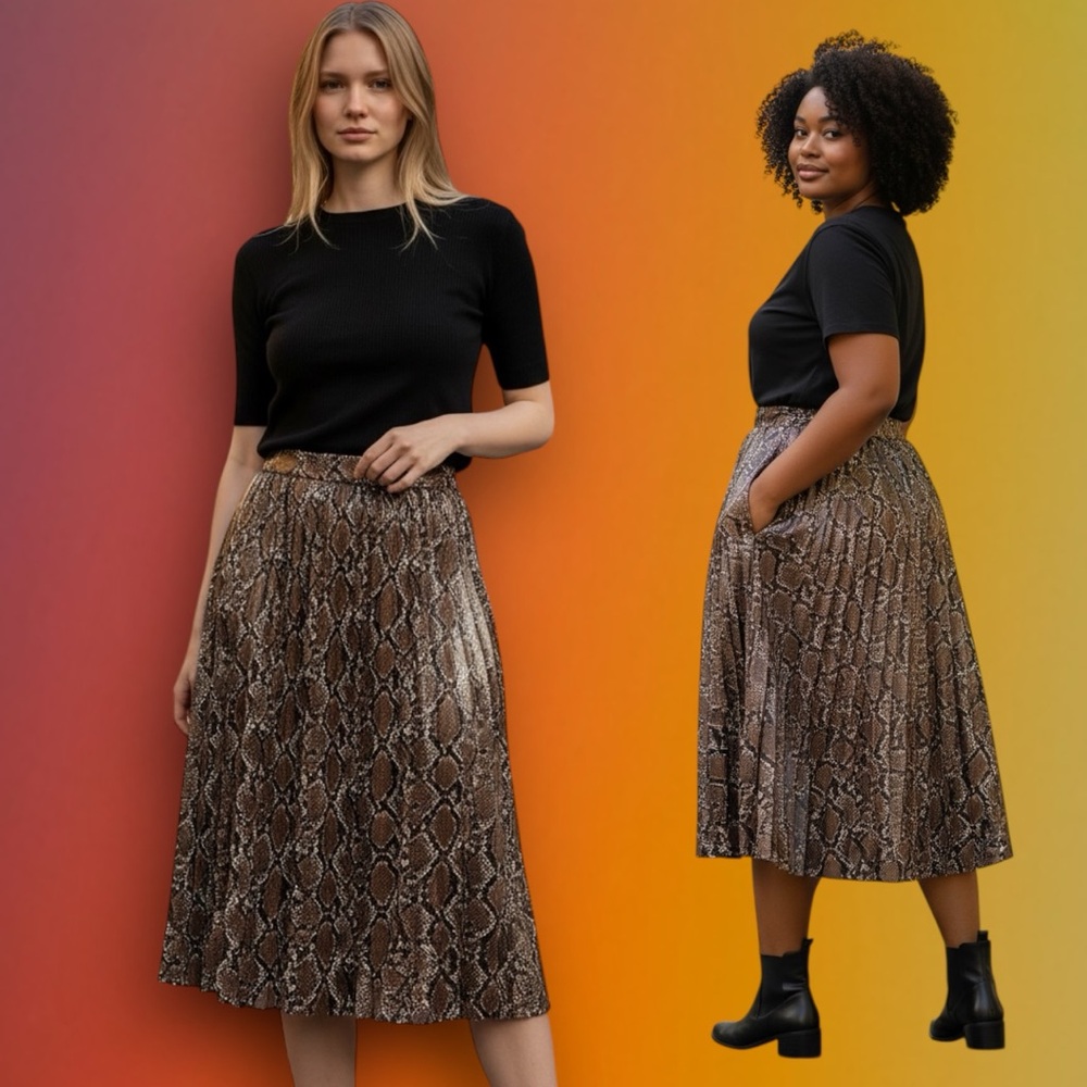 Zara Brown Snake-Print Pleated Midi Skirt - Picture 3 of 17